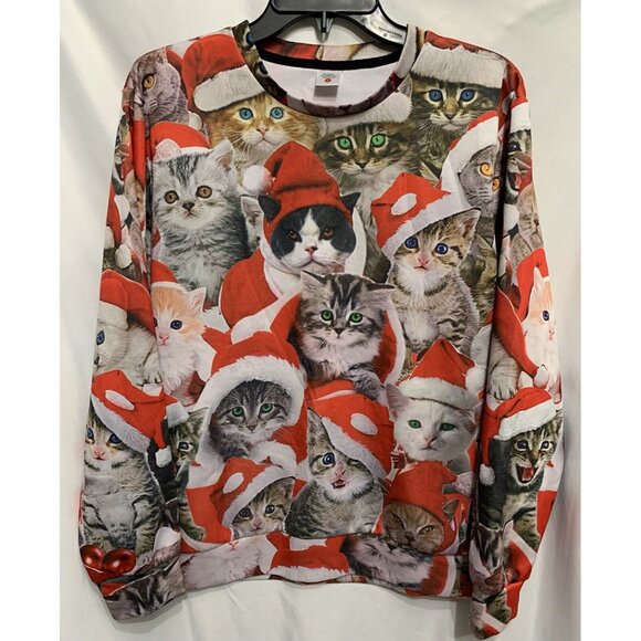 Cats & Kittens Christmas Pullover All Over Pattern Size Small Long Sleeves - Picture 1 of 10